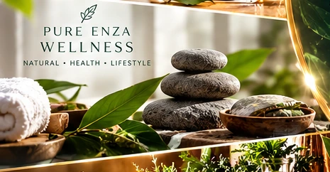 Pure Enza wellness brand concept with stacked spa stones and botanicals